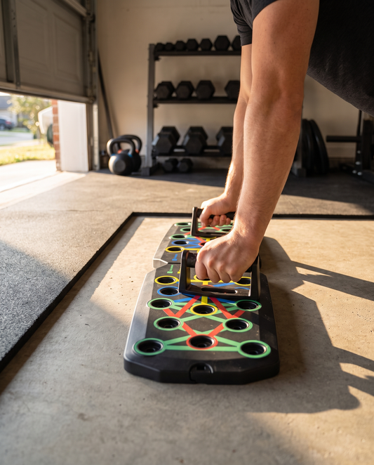 Push-up board set in use on the floor of a home garage gym, hands gripping the colour-coded push-up handles mid-rep