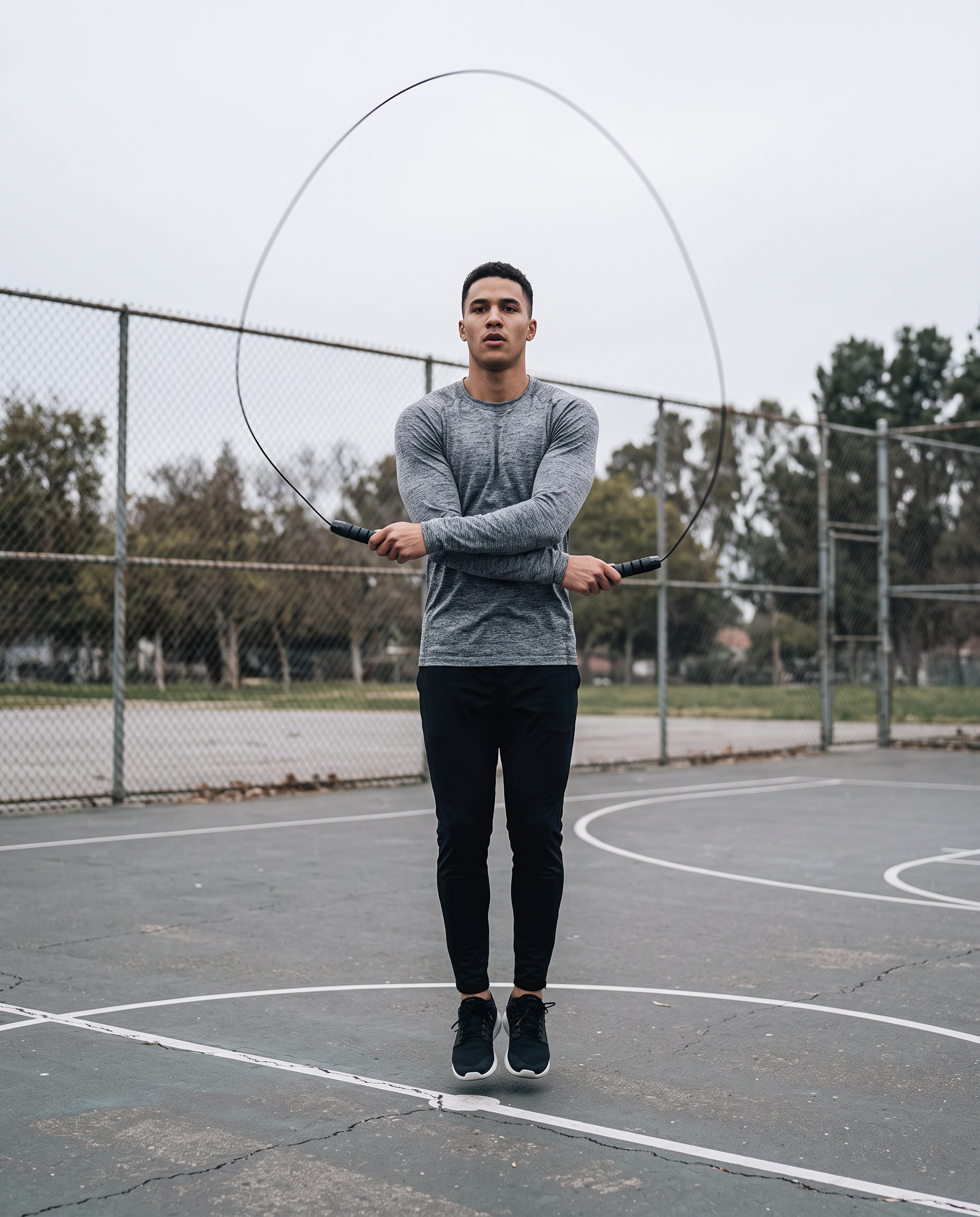 Skipping rope in use on an outdoor sports court, rope arcing overhead mid-skip with handles gripped in both hands