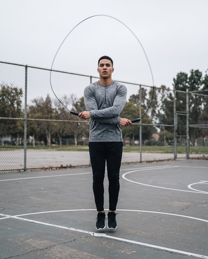 Skipping rope in use on an outdoor sports court, rope arcing overhead mid-skip with handles gripped in both hands