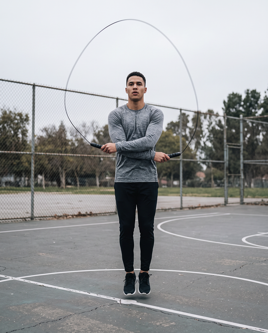 Skipping rope in use on an outdoor sports court, rope arcing overhead mid-skip with handles gripped in both hands