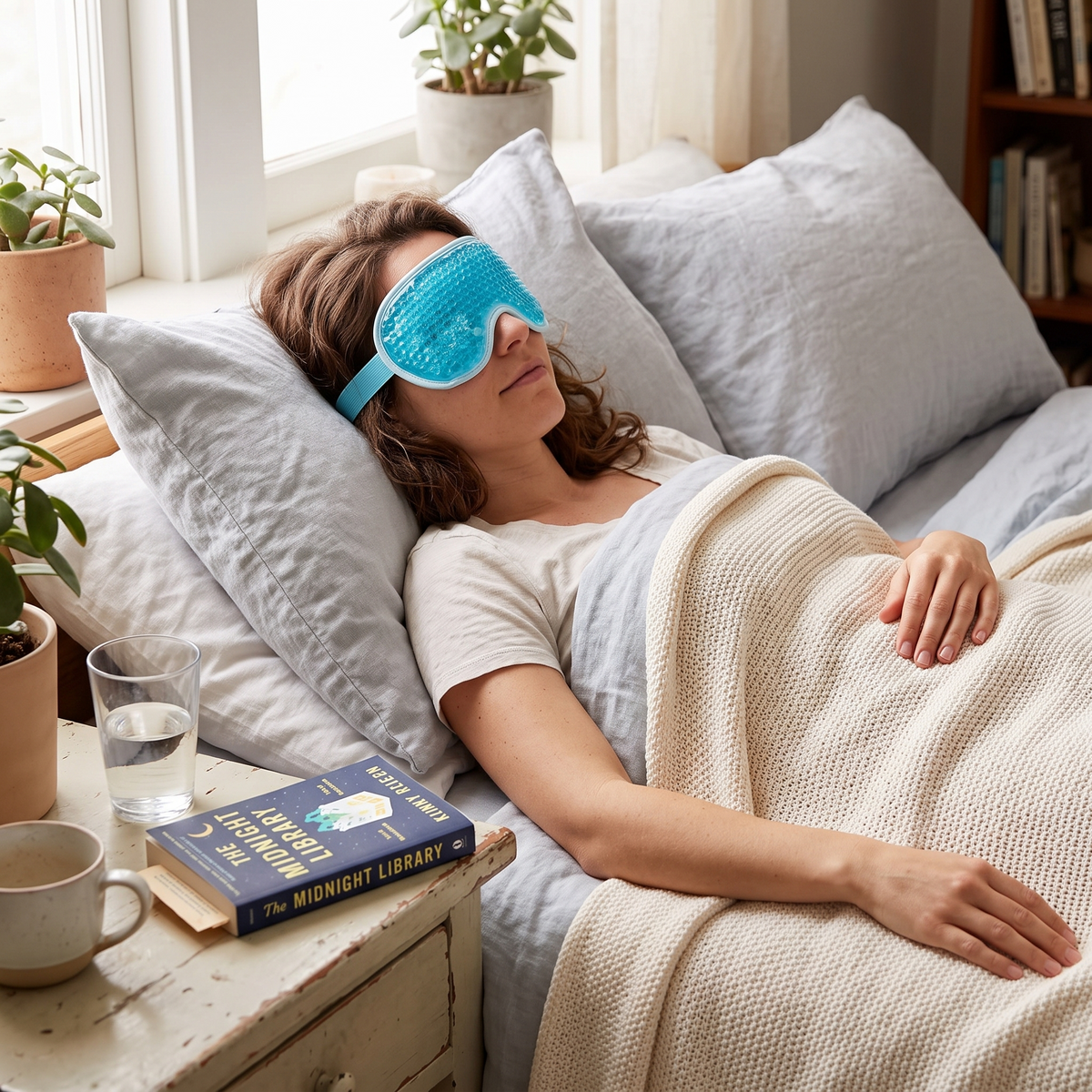 Cooling gel eye mask being worn